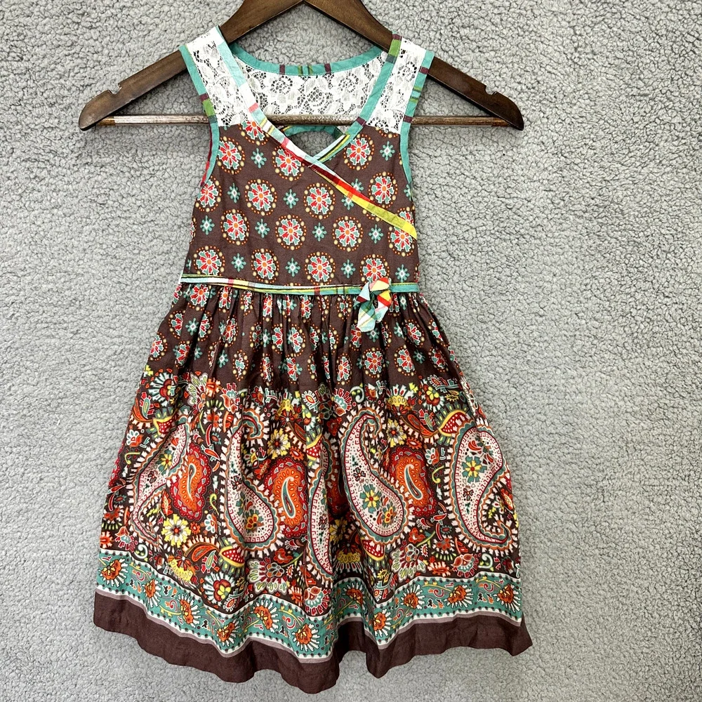 Bonnie Jean Dress Girls 7 Brown Paisley Cottagecore Boho Festival Cottage Summer